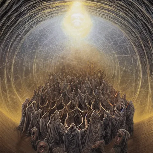 Prompt: a quantum computer, a dark cabal of multiple hooded elven mystics in long robes gathered in a circular formation around a quantum computer, processing the spirits of the dead, dan seagrave, michael whelan art, beautifully detailed