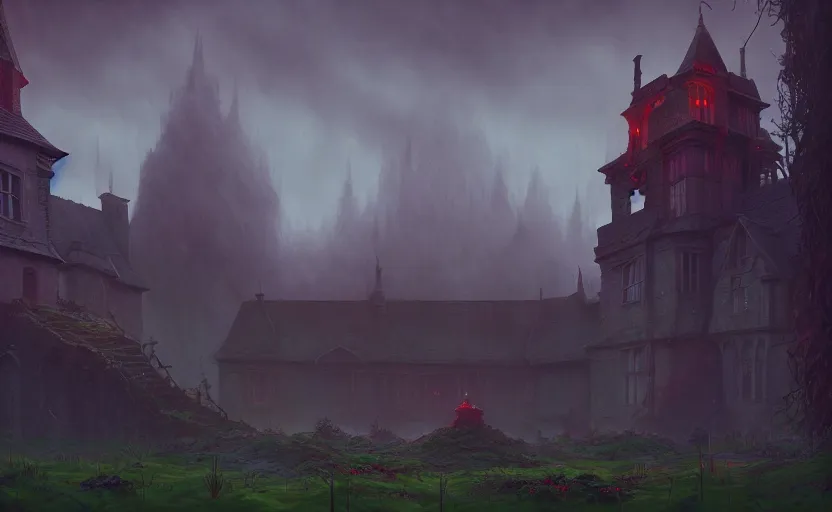 Prompt: an old english castle covered by plants with moody and cinematic lighting by greg ruthkowski and simon stalenhag jama jurabaev, cinematic and atmospheric, concept art, artstation, trending on artstation