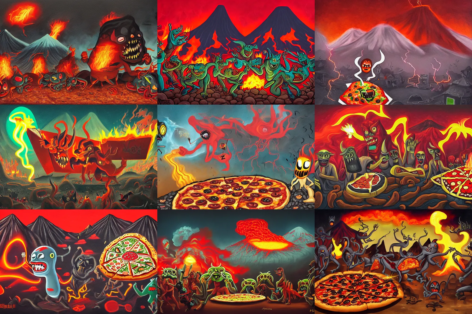 Prompt: masked demons grabbing a large pizza!!!, in the background is a volcano spewing lava and black smoke, streams of glowing hot lava, flashes of lightning in the distance. wide angle, long shot, an ultrafine detailed painting by pierre - yves riveau, deviantart, pop surrealism