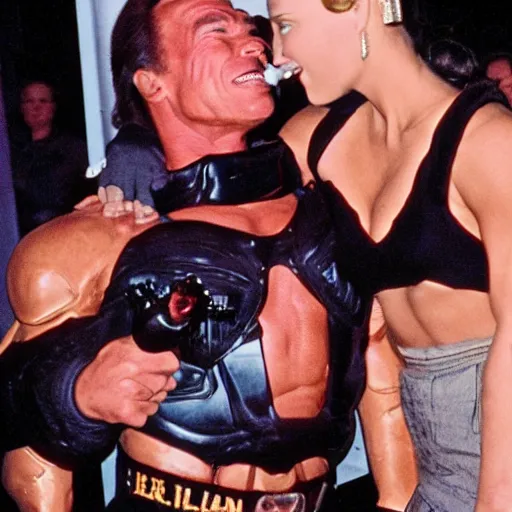 Prompt: arnold schwarzenegger is being attacked by a broken female alien sexbot