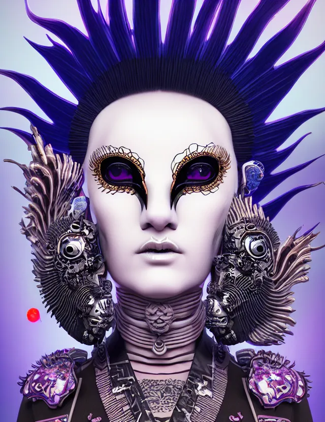 Image similar to 3 d goddess close - up profile portrait punk with mohawk with ram skull. beautiful intricately detailed japanese crow kitsune mask and clasical japanese kimono. betta fish, jellyfish phoenix, bio luminescent, plasma, ice, water, wind, creature, artwork by tooth wu and wlop and beeple and greg rutkowski