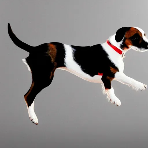 Prompt: black and white jack russell terrier jumping in the air, photorealistic