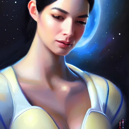 Image similar to a portrait of a very beautiful woman in a spacesuit, Alexandria's genesis, shoulder-length black hair, bored, illustration, soft lighting, soft details, painting oil on canvas by mark arian by artgerm, trending on artstation, 4k, 8k, HD