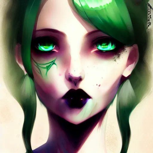 Prompt: facial portrait of a young pretty anime woman, green hair, dark eyes, gothic eyeliner, character concept art, headshot, Charlie Bowater, Anna Dittmann, WLOP, Rumiko Takahashi, Akihiko Yoshida, Hyung-tae Kim, alexander mcqueen, trending on Artstation