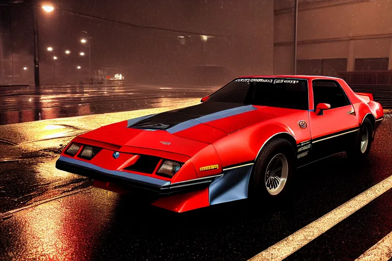 Image similar to hyperdetailed, photorealistic photograph of a 1 9 8 2 pontiac firebird trans - am drifting in the streets, rain, night, dense fog, hd, unreal engine 5 by greg rutowski, by stanley artgerm, by alphonse mucha