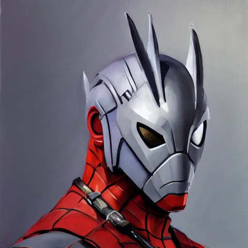 Image similar to greg manchess portrait painting of armored spiderman ultraman grey fox from metal gear cyborg gay japanese - american hybrid as overwatch character, medium shot, asymmetrical, profile picture, organic painting, sunny day, matte painting, bold shapes, hard edges, street art, trending on artstation, by huang guangjian and ail elvgren and sachin teng