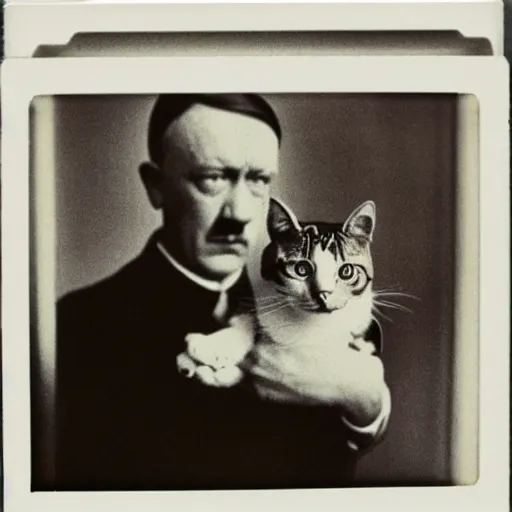 Prompt: polaroid of hitler holding a cat, dramatic backlighting