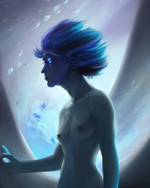 Prompt: A dark brooding Portrait of a blue haired Nordic extraterrestrial. She is looking out the viewing window in the spacecraft. Earth is seen as background, wide angle, intricate, elegant, overdetailed, professional digital painting, artstation, concept art, smooth, sharp focus, 8K, inspired by Felix Kelly and Greg Rutkowski and Bob Pepper and Frank Frazetta