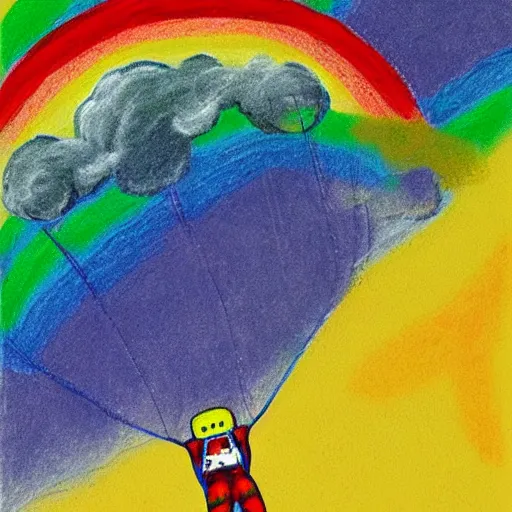 Image similar to crayon illustration of skydiver falling through rainbow, with soft puffy clouds beneath her sprawling over a green valley