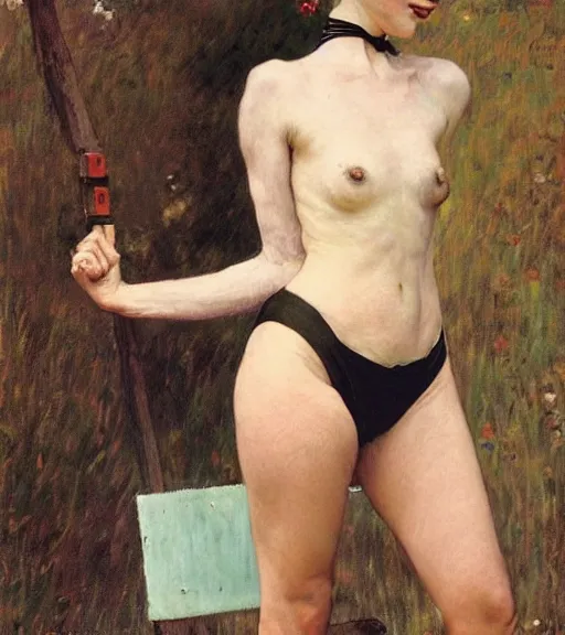 Prompt: a woman with black hair pixie cut in shorts with suspenders drawn by gustave caillebotte, norman rockwell, frank frazetta, peter paul rubens, alphonse mucha, gustav klimt 4k, unreal 5, DAZ, french noveau, trending on artstation, octane render, hyperrealistic