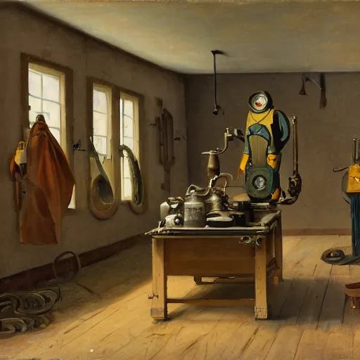 Image similar to workshop of a 1 9 th century diving suit engineer in the style of car spitzweg