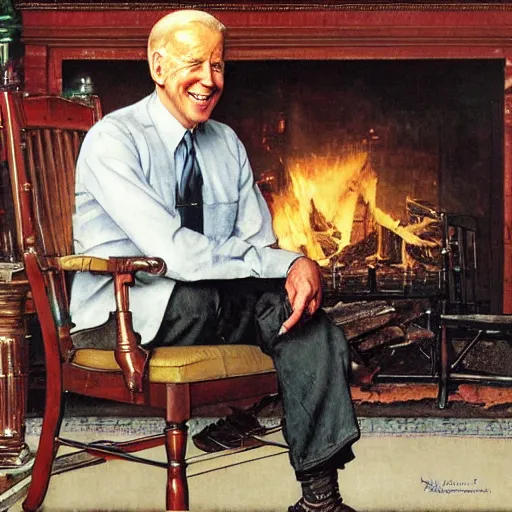 Image similar to a portrait painting by Norman Rockwell of Joe Biden sitting in a chair. Cozy fire. two Legs apart