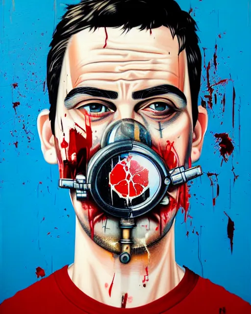 Image similar to portrait of a man wearing oxygen mask, has a gun, blood, a pistol with sea background intricate details with horror side profile by Sandra Chevrier