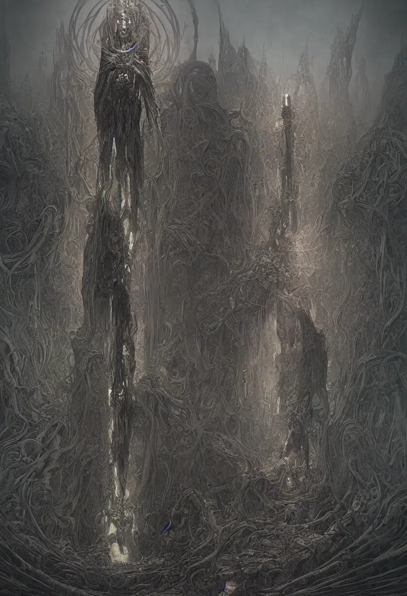 Image similar to ominous figure standing at the opening of an interdimensional portal, by daniel - by greg rutkowski and raymond swanland hr giger and zdzislaw beksinski and alphonse mucha and moebius, matte painting, hyperdetailed, symmetry, art nouveau, beautiful render, concept art