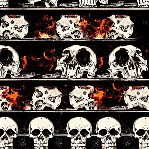 Image similar to Stack of dishes, on fire, skulls, digital art