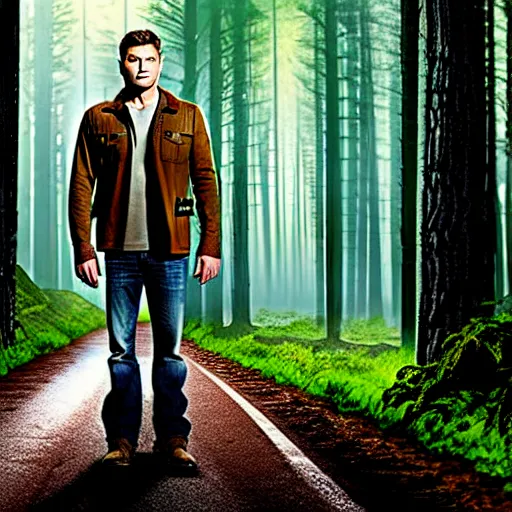 Prompt: Dean Winchester standing on the road in a pine forrest, promoart