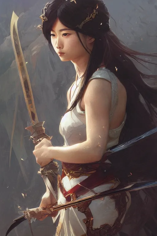 Prompt: asian girl with very big sword, d & d, fantasy, portrait, highly detailed, digital painting, artstation, concept art, sharp focus, illustration, art by greg rutkowski and alphonse mucha