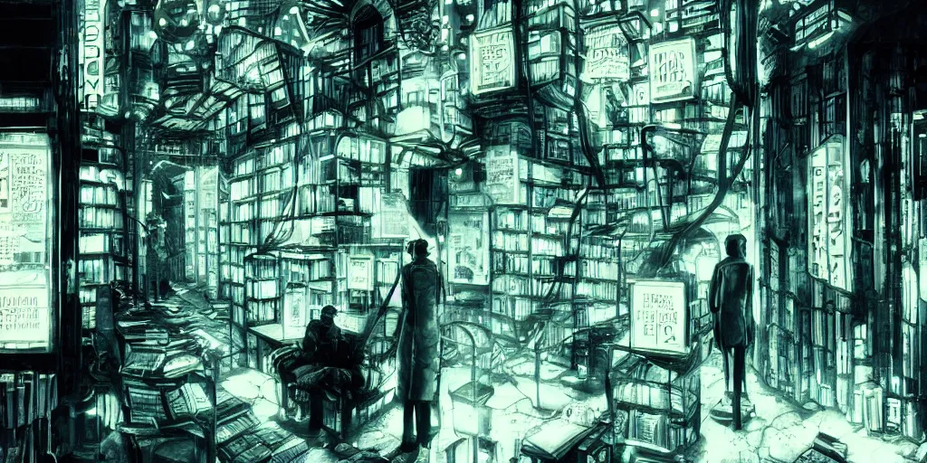 Image similar to cinematic an old jorge luis borges and franz kafka as owners ofan old bookstore full of books, dystopian future, neon lights, sci - fi, night lights, haze, concept art, intricate, in the style of katsuhiro otomo, akira, unreal engine