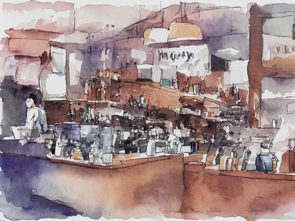 Image similar to a coffee shop smooth light color watercolor ink pen