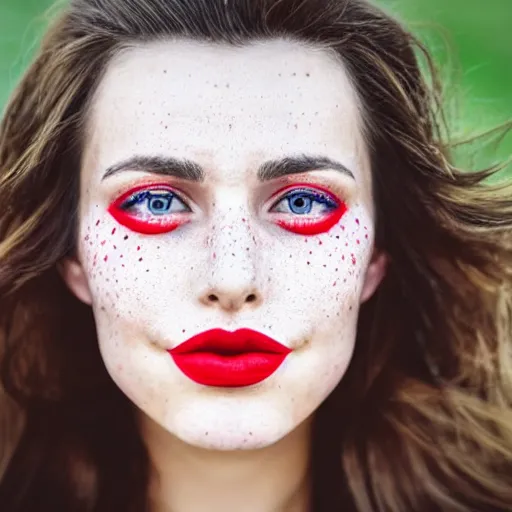 Image similar to close up portrait photograph of the left side of the face of a brunette woman with stars inside her eyes, red lipstick and freckles. she looks directly at the camera. Slightly open mouth, face covers half of the frame, with a park visible in the background. 135mm nikon. Intricate. Very detailed 8k. Sharp. Cinematic post-processing. Award winning portrait photography