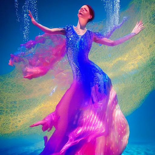 Image similar to woman dancing underwater wearing a flowing dress made of many layers of blue, magenta, and yellow translucent lace, elegant coral sea bottom, swirling silver fish, refracted light, crystals, cycles render, caustics lighting from above, cinematic