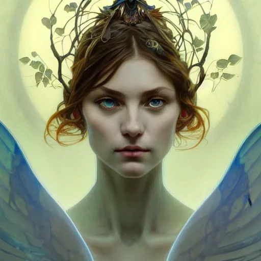 Prompt: portrait of an antropomorthic earth angel, forest spirit, D&D, blue eyes, face, fantasy, intricate, elegant, highly detailed, digital painting, artstation, concept art, smooth, sharp focus, illustration, art by artgerm and greg rutkowski and alphonse mucha