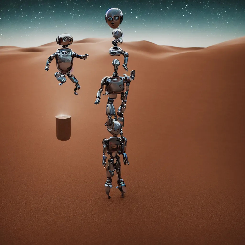 Prompt: cute a robot holding hands with a goddess in the middle of a desert, trending on unsplash, space art, long exposure, national geographic photo, nightscape, an album cover