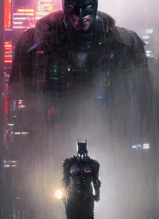 Prompt: cyberpunk batman, rule of thirds, russia, moscow, rain, lights, close - up, high quality, ultrarealistic, sculls, neon glow, by giger, trending on artstation, intricate outfit, spotlight, by greg rutkowski, by jeremy mann, digital painting