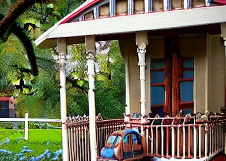 Prompt: Steampunk victorian house, tri-color miniature Australian shepherd dog, blue flower field, over grown oak tree, spanish moss, rusted porch swing, micro details, super realistic,