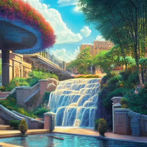 Image similar to walkway waterfall skies rich hyper realism 8 k octane render sacred by evgeny lushpin, moebius, john stephens, rhads, arthur adams