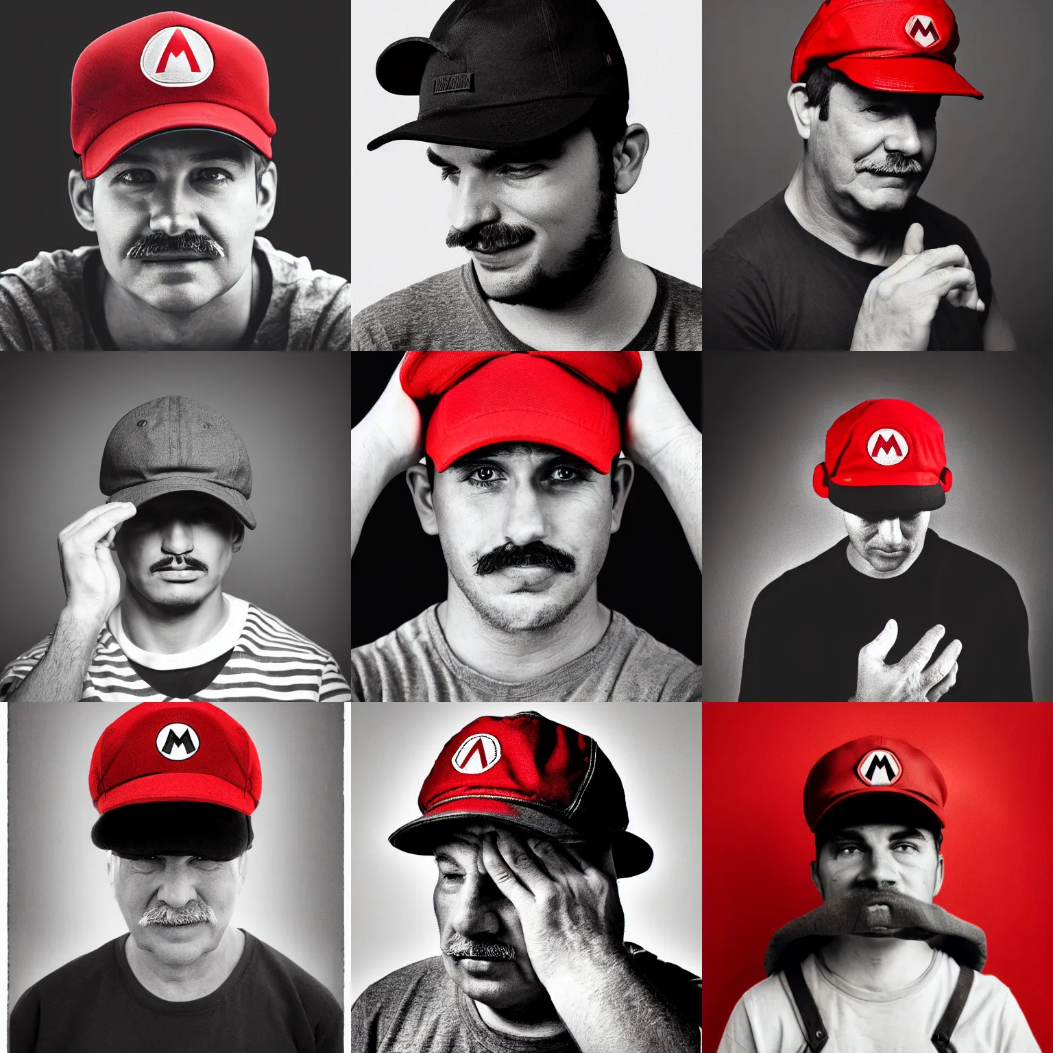 Prompt: portrait photo of mario facing downward, hat covering eyes, hand holding cap brim, black background, faded color palette, red selective coloring, black and white
