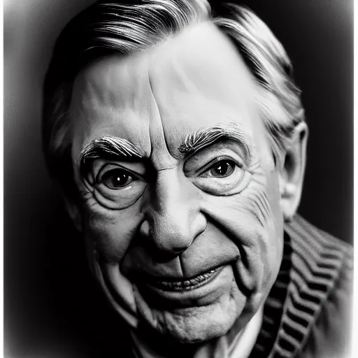 Prompt: symmetrical, portrait of Mr Rogers As Emperor Palpatine from Star Wars, scowling, studio lighting, depth of field, photography, black and white, highly detailed