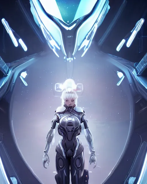 Image similar to photo of a beautiful girl on a mothership, android, warframe armor, pretty face, scifi, futuristic, galaxy, raytracing, dreamy, perfect, aura of light, pure, white hair, blue cyborg eyes, glow, insanely detailed, artstation, innocent look, art by gauthier leblanc, kazuya takahashi, huifeng huang