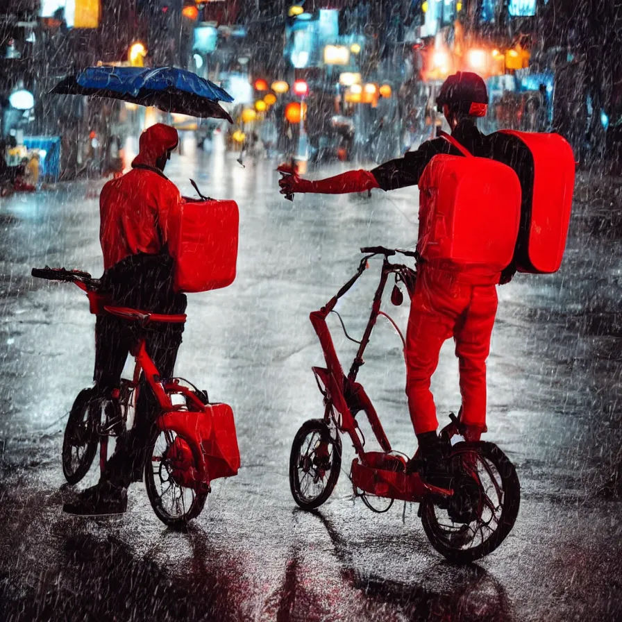 Image similar to food delivery driver with red backpack and futuristic rocket bike working in a rainy night in a cyberpunk city