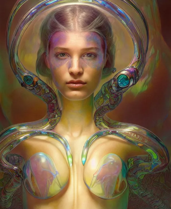 Image similar to intricate opalescent transparent portrait of a disturbing beautiful alien snake creature, mottling coloring, adorable, childlike, medical equipment hospital environment, ultra realistic, concept art, art nouveau, photorealistic, octane render, 8 k, unreal engine. art by christopher marley and artgerm and greg rutkowski and alphonse mucha