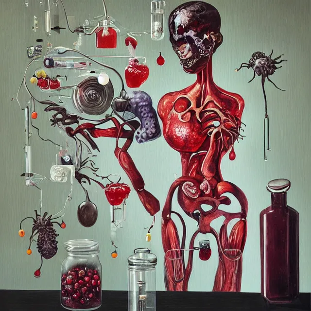 Prompt: dark kitchen of an art student, portrait of a female transhuman robot holding a brain, feminine, organic, japanese pottery, digital medical equipment, tropical houseplants, test tubes, honey dripping from ceiling, berries dripping juice, pancakes, pomegranate, berries, octopus, scientific glassware, neo - expressionism, surrealism, acrylic and spray paint and oilstick on canvas