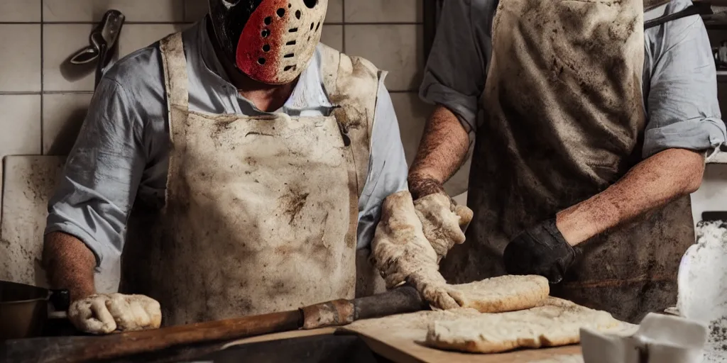 Image similar to jason voorhees in the kitchen, wearing an apron, baking a loaf of bread, ultrafine detail, mid day lighting