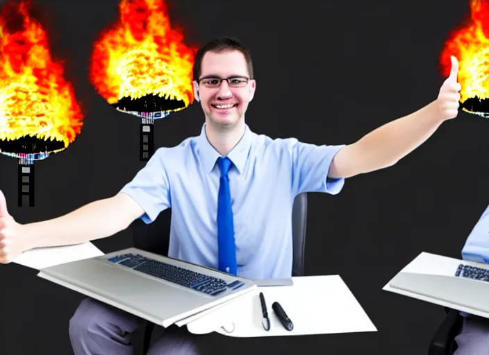 Image similar to A system administrator doing a thumb up to the camera in front on burning servers, servers in flames, happy system administrator doing a thumb up, uncropped, full body