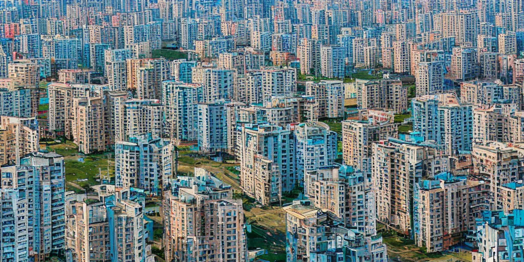 Image similar to bird's eye view photograph of a highrise Russian city, apartments, no watermarks, extremely detailed photography