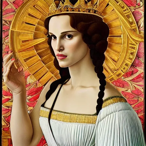 Image similar to natalie portman as the goddess of spring, elegant portrait by sandro botticelli, detailed, symmetrical, intricate