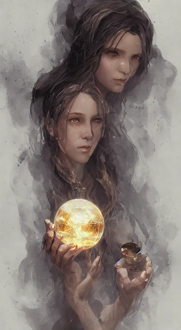 Prompt: one young witch with a crystal ball, true anatomy, detailed face, highly detailed, by greg rutkowski