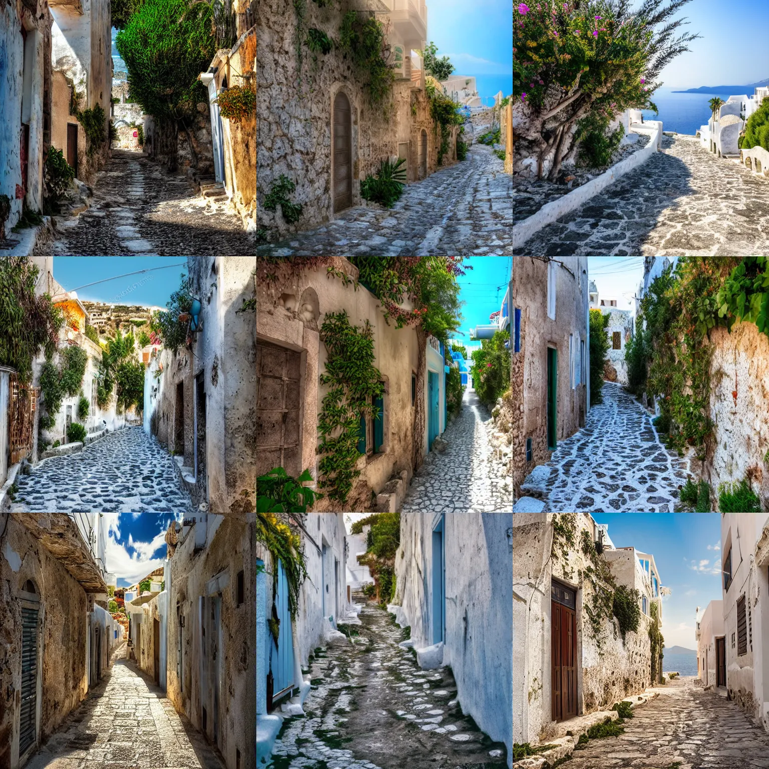 Prompt: a beautiful forgotten street behind the sea in greece, uhd, photorealistic