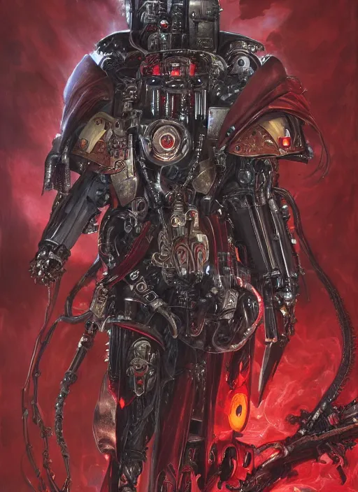Image similar to portrait of rotten Tom Cruise as adeptus mechanicus in red hood and robe witch mechanical tentacles from Warhammer 40000. Highly detailed, artstation, illustration by and John Blanche and zdislav beksinski and wayne barlowe