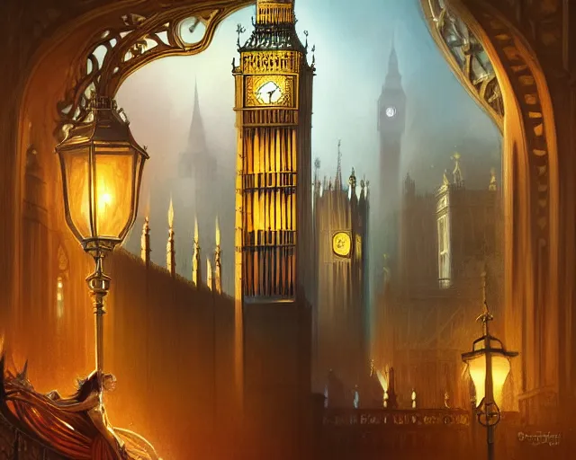 Image similar to big ben london, deep focus, d & d, fantasy, intricate, elegant, highly detailed, digital painting, artstation, concept art, matte, sharp focus, illustration, hearthstone, art by artgerm and greg rutkowski and alphonse mucha