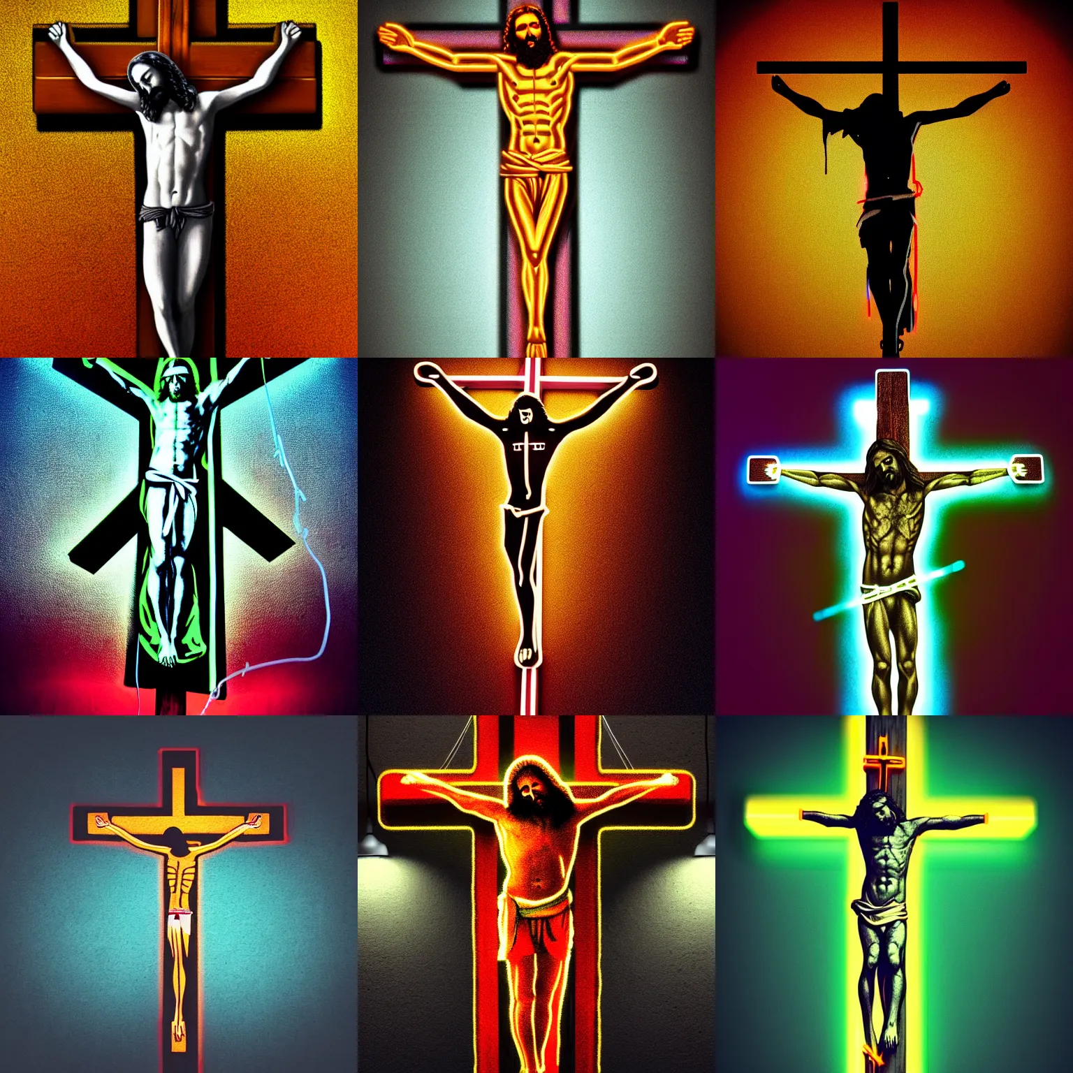 Prompt: highly detailed jesus christ crucified on neon cross, octan render, shadows, reflections, digital painting, realistic, neon lights, dark background, vibrant colors