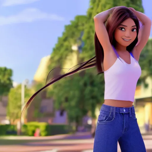Image similar to young beautiful athletic Filipino woman with long hair posing, depicted as adult Pixar character, high quality cg render, 4k