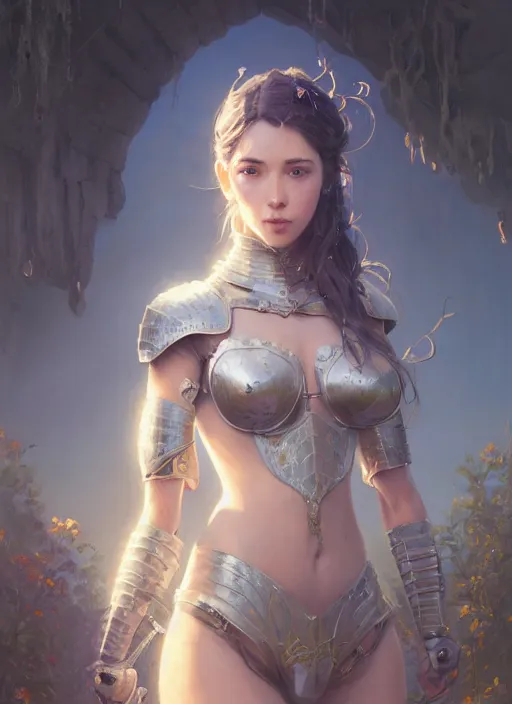 Image similar to highly detailed portrait of a beautiful sensual female wearing a knight armor, stephen bliss, 8 k, unreal engine, fantasy art by greg rutkowski, loish, rhads, ferdinand knab, makoto shinkai and lois van baarle, ilya kuvshinov, rossdraws, tom bagshaw, global illumination, radiant light, detailed and intricate environment