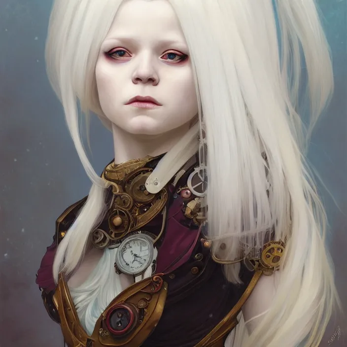 Prompt: excellent painted portrait of a albino girl with white hair, steampunk art, character artwork, 8k resolution artwork, trending on artstation, detailed oil painting portrait, art by artgerm and greg rutkowski and alphonse mucha and craig mullins and James Jean and Andrei Riabovitchev and Marc Simonetti and peter mohrbacher, matte painting