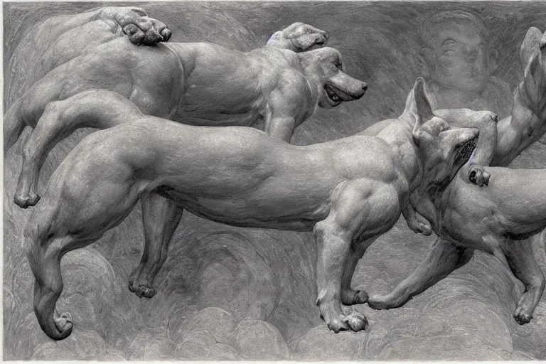 Image similar to hyperdetailed matte art of a three headed dog cerberus by william blake, ilya repin, amano, rene magritte, craig mullins, three headed dog cerberus, details