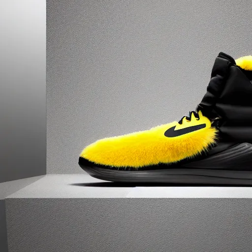 Image similar to poster nike shoe made of very fluffy yellow faux fur placed on reflective surface, professional advertising, overhead lighting, heavy detail, realistic by nate vanhook, mark miner